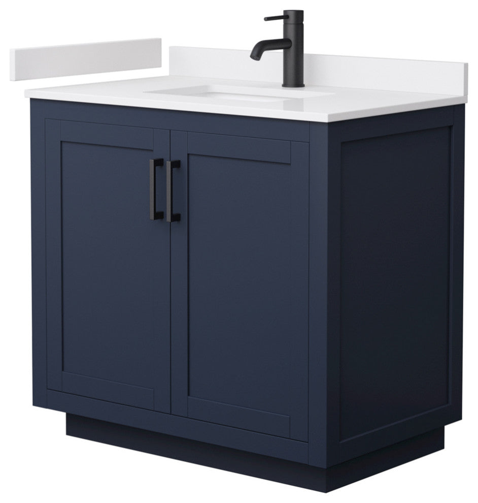 36" Single Bath Vanity Dark Blue, White Cult.Marble Countertop, Sink, Black Trim