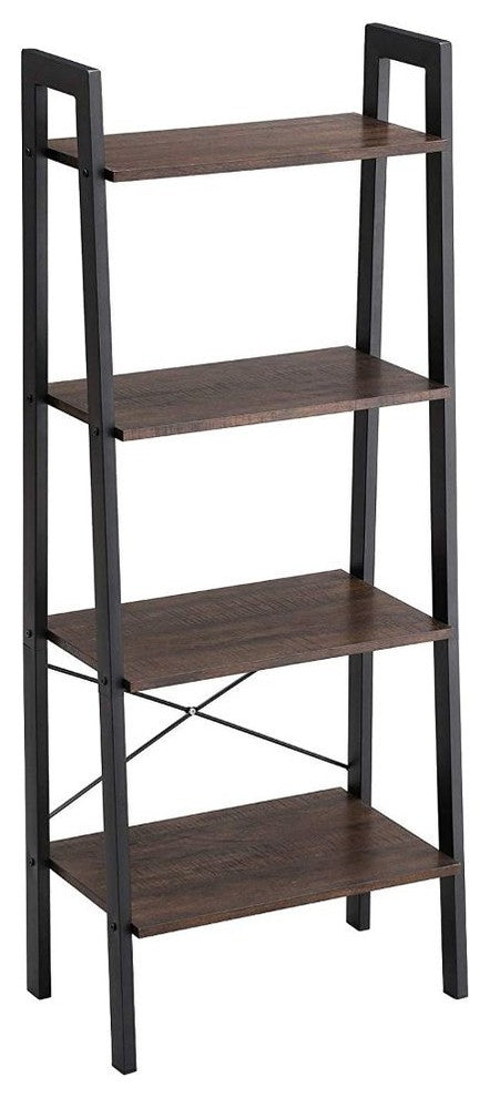 Iron Framed Ladder Style Storage Shelf with Four Wooden Shelves, Brown and Black