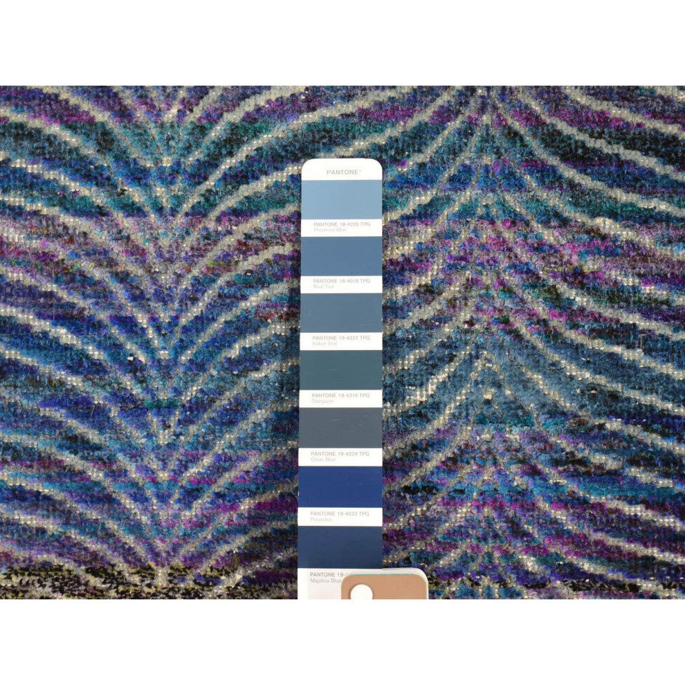Colorful Modern Leaf Design Silk and Wool Hand Knotted Oriental Rug, 9'1"x12'3"