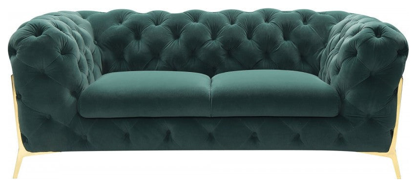 74" Emerald Green And Gold Velvet Loveseat