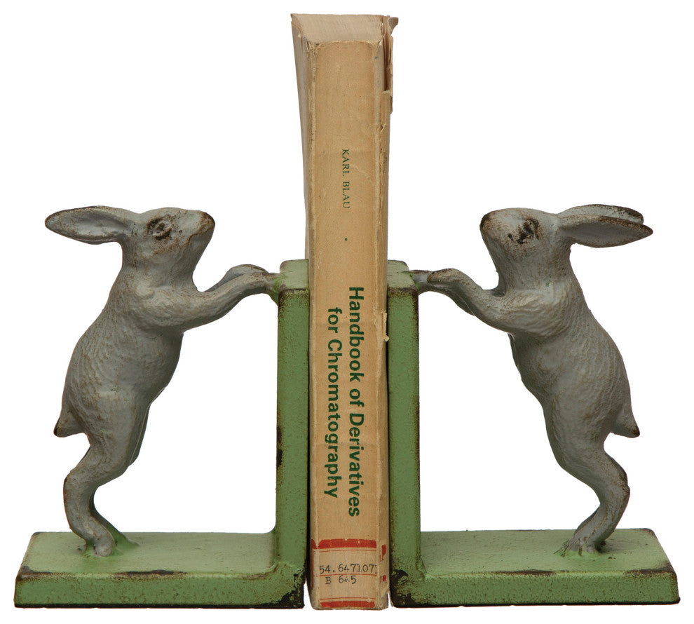 2-Tone Cast Iron Rabbit Bookends, Set of 2, Grey and Green