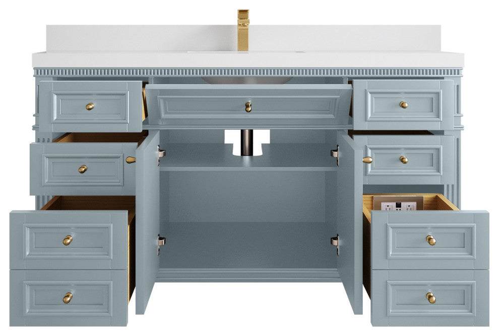 Paris 60" Single Sink Bathroom Vanity, Blue Heather 2" White Quartz