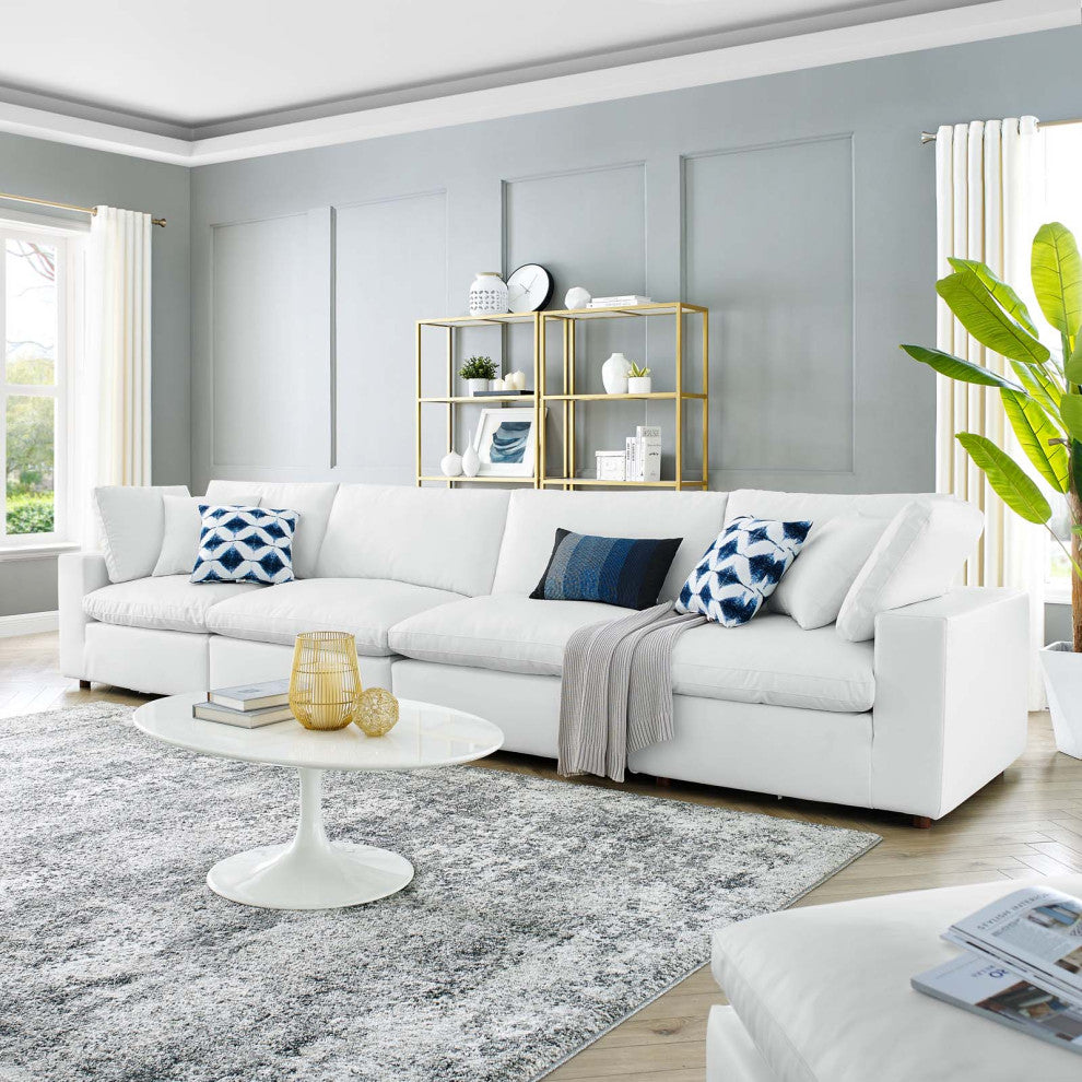 Commix Down Filled Overstuffed Vegan Leather 4-Seater Sofa - White