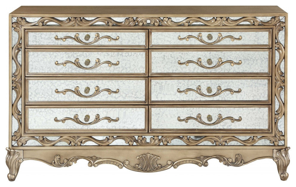 HomeRoots 19" X 68" X 40" Antique Gold Wood Mirror Dresser