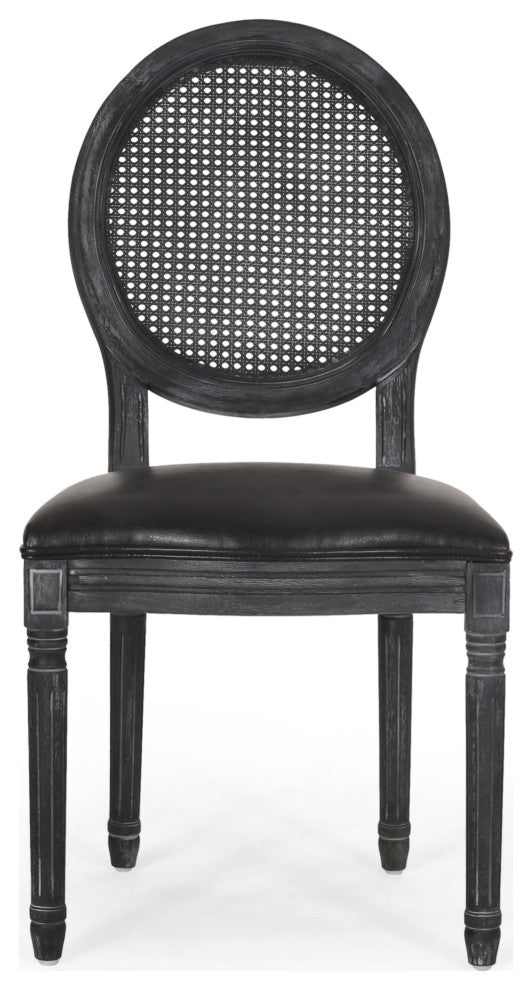 Mores French Country Upholstered Wood and Rattan 5-Piece Circular Dining Set, Gray/Midnight Black, Pu