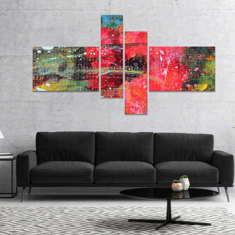 Red Poppy Acrylic Drawing, Extra Large Floral Wall Art, 60"x32", 4 panels