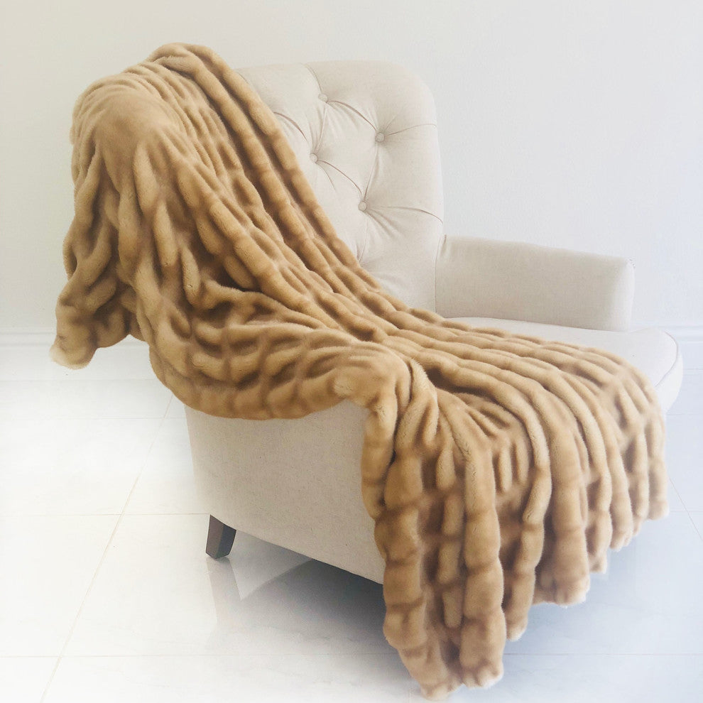 Plutus Beige Tissavel Mink Faux Fur Handmade Luxury Throw
