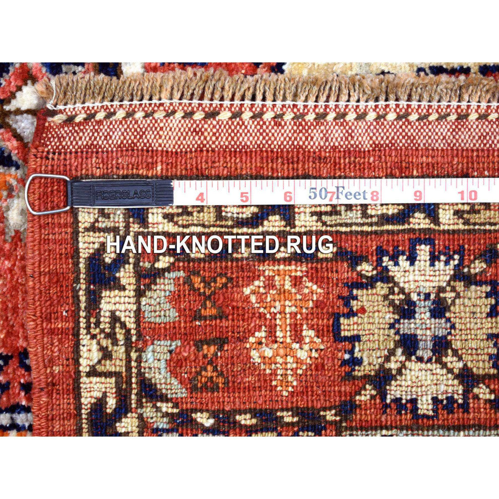 Coral Red Afghan Ersari Elements Design Hand Knotted Wool Runner Rug 4'0" x 9'7"