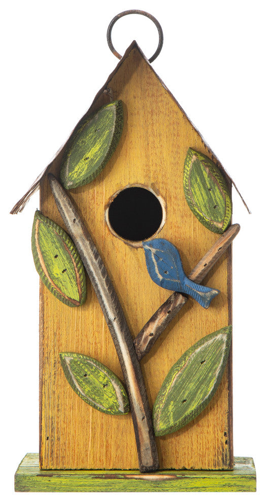 9.75"H Washed Yellow Distressed Solid Wood Birdhouse With 3D Tree and Bird