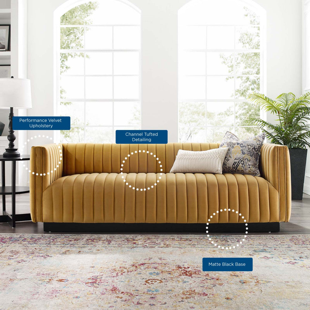 Tufted Sofa, Velvet, Brown, Modern, Living Lounge Room Hotel Lobby Hospitality