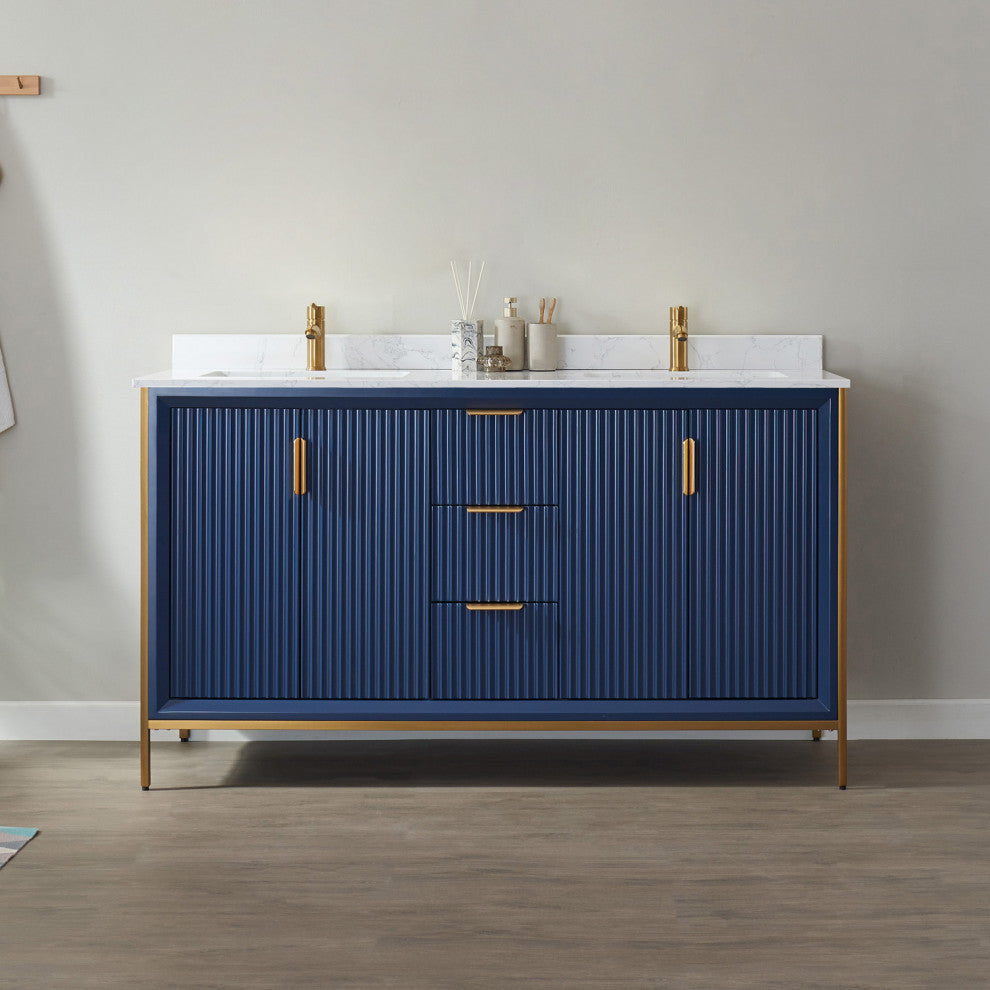 Granada Vanity With White Composite Stone Top, Royal Blue, 60", Without Mirror
