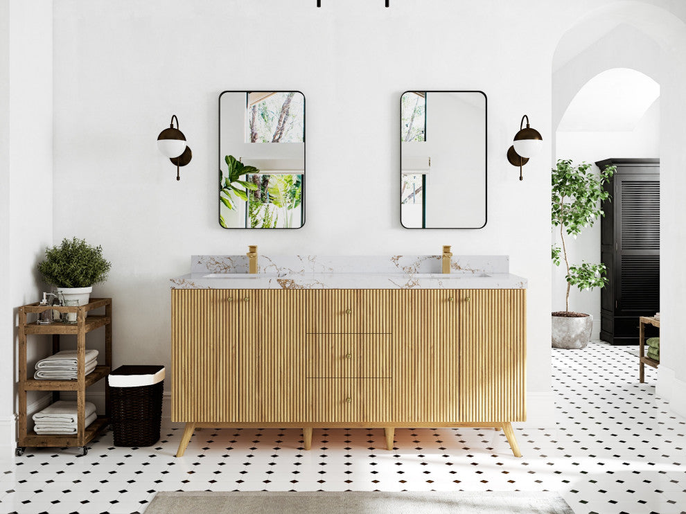 Pasadena 72 Double Sink Bath Vanity in Light Natural Teak 2" Viola Gold