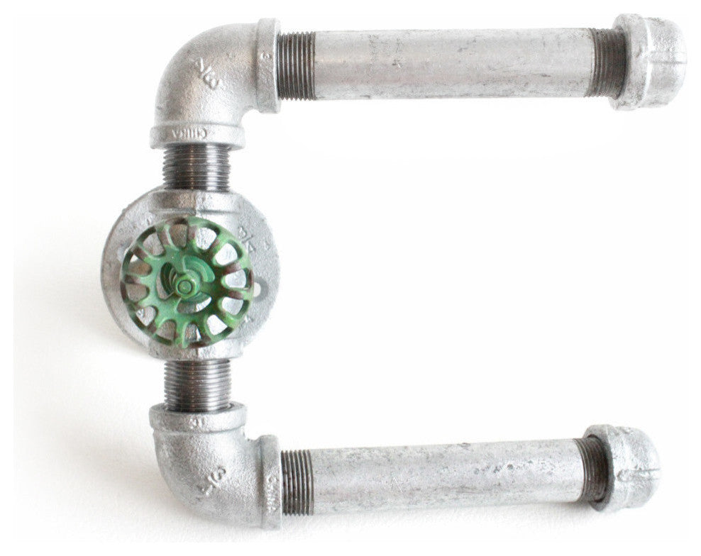 Industrial Pipe Toilet Paper Holder, Black Pipe, 2-Roll, Green Hose Knob