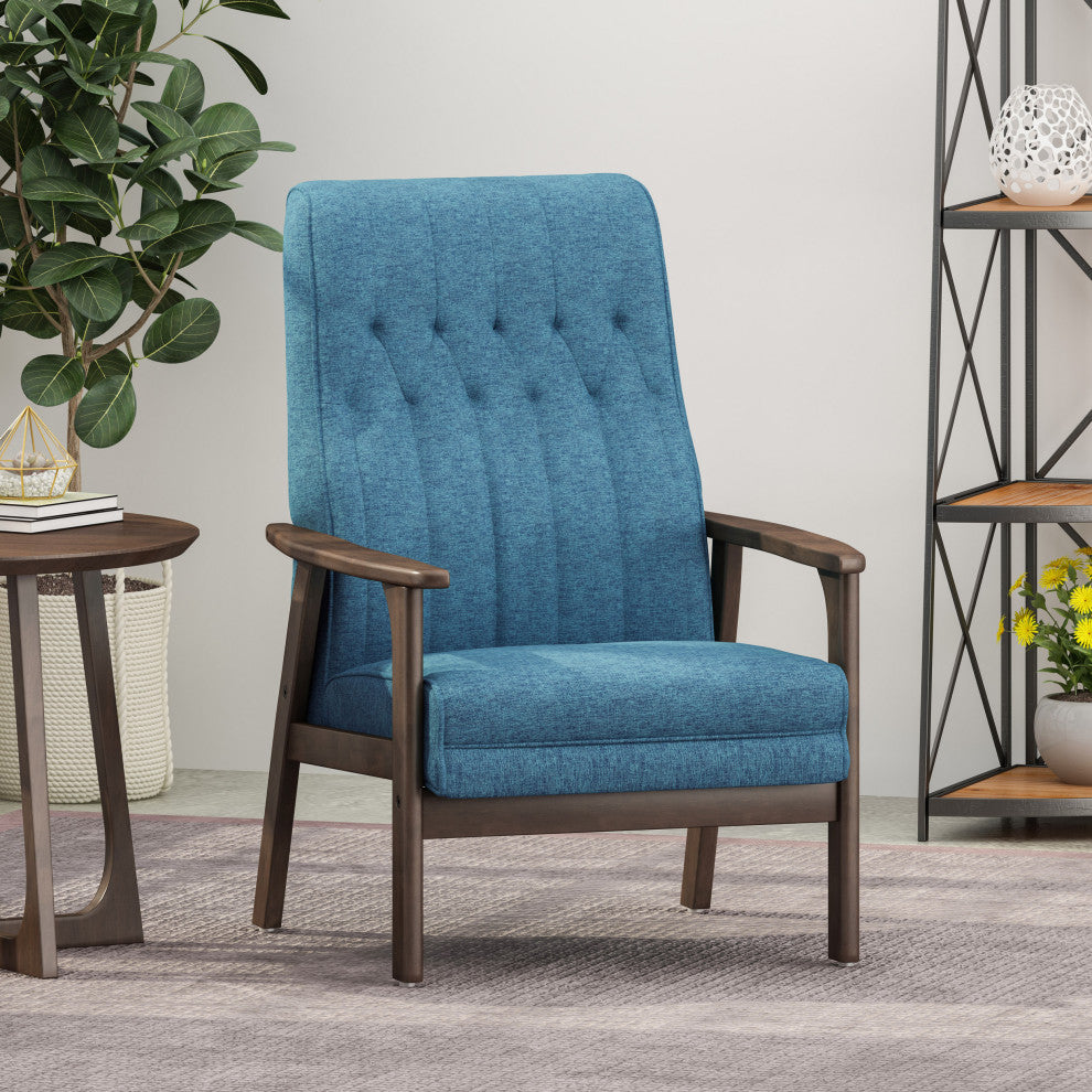 Katharine Mid Century Modern Upholstered Accent Chair, Blue and Walnut