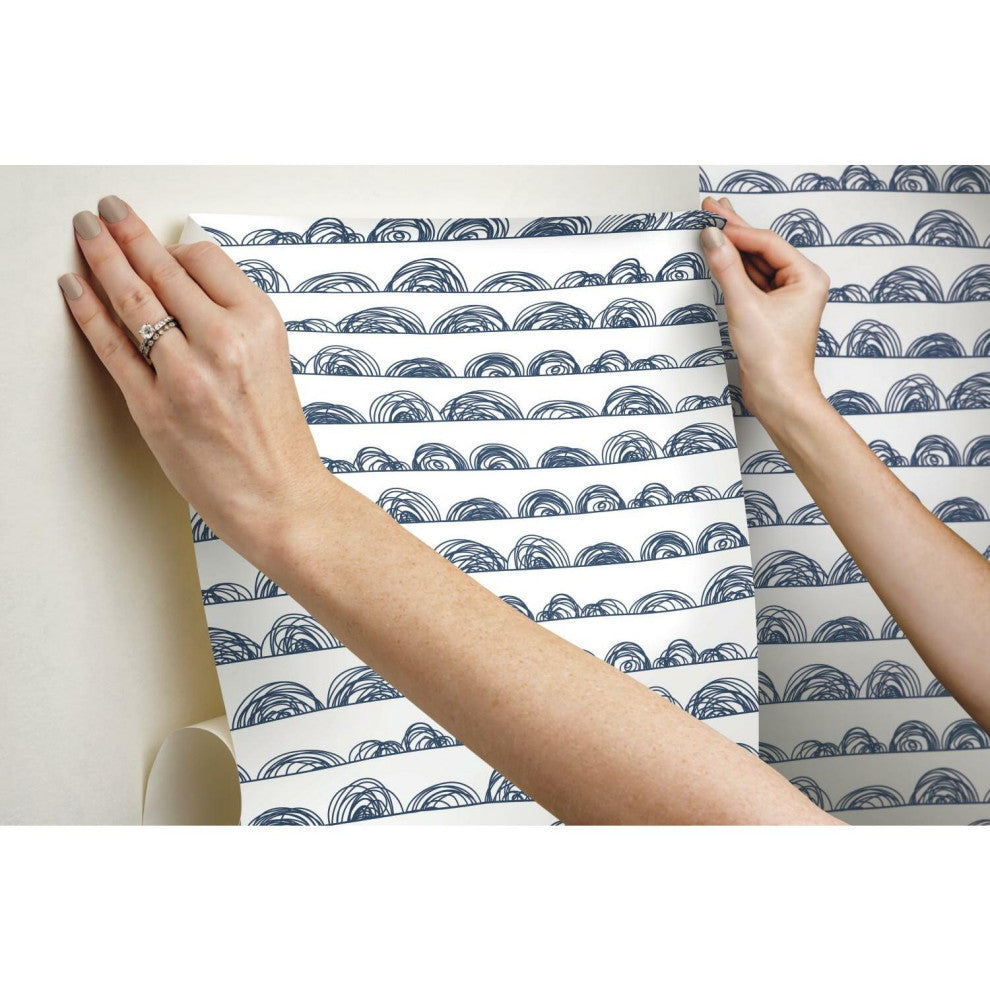 White & Indigo Doodle Scallop Peel & Stick Wallpaper