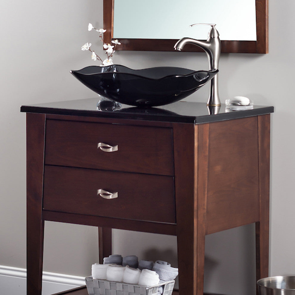 Rettangolare Clear Grey Scalloped Tempered Glass Vessel Sink and Drain, Brushed Nickel