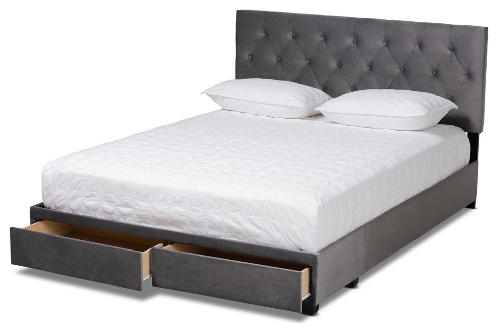 Modern Grey Velvet Fabric Upholstered 2-Drawer Queen Size Platform Storage Bed