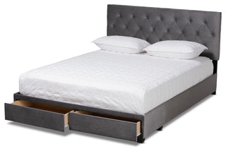 Modern Grey Velvet Fabric Upholstered 2-Drawer Queen Size Platform Storage Bed