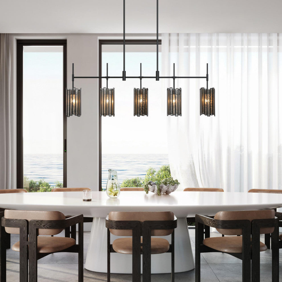 LNC Hemera 5-Light 45" Matte Black with Tiffany, Modern Kitchen Island Light