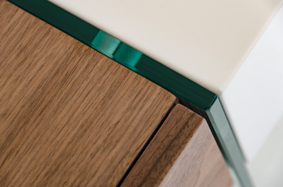 HomeRoots 29" White and Walnut Veneer MDF and Glass Floating Console Table