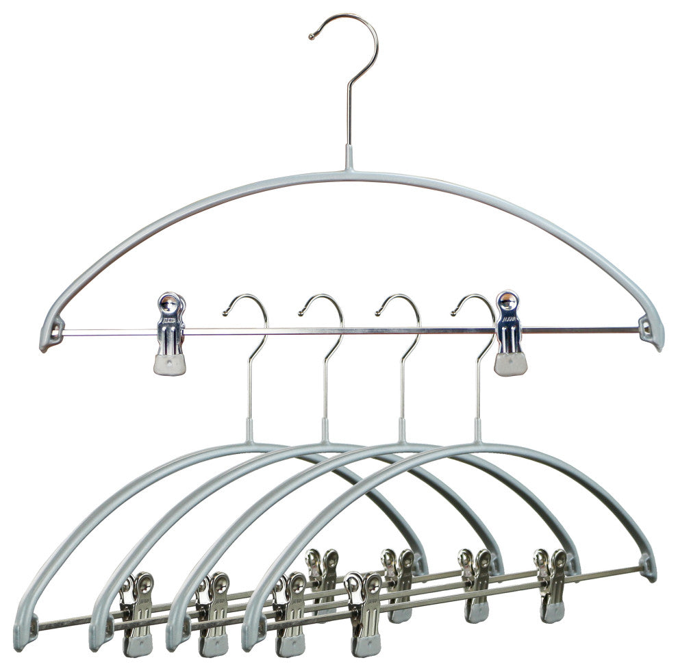 Euro Pants Bar 2 Clips Hangers, Set of 5, Silver