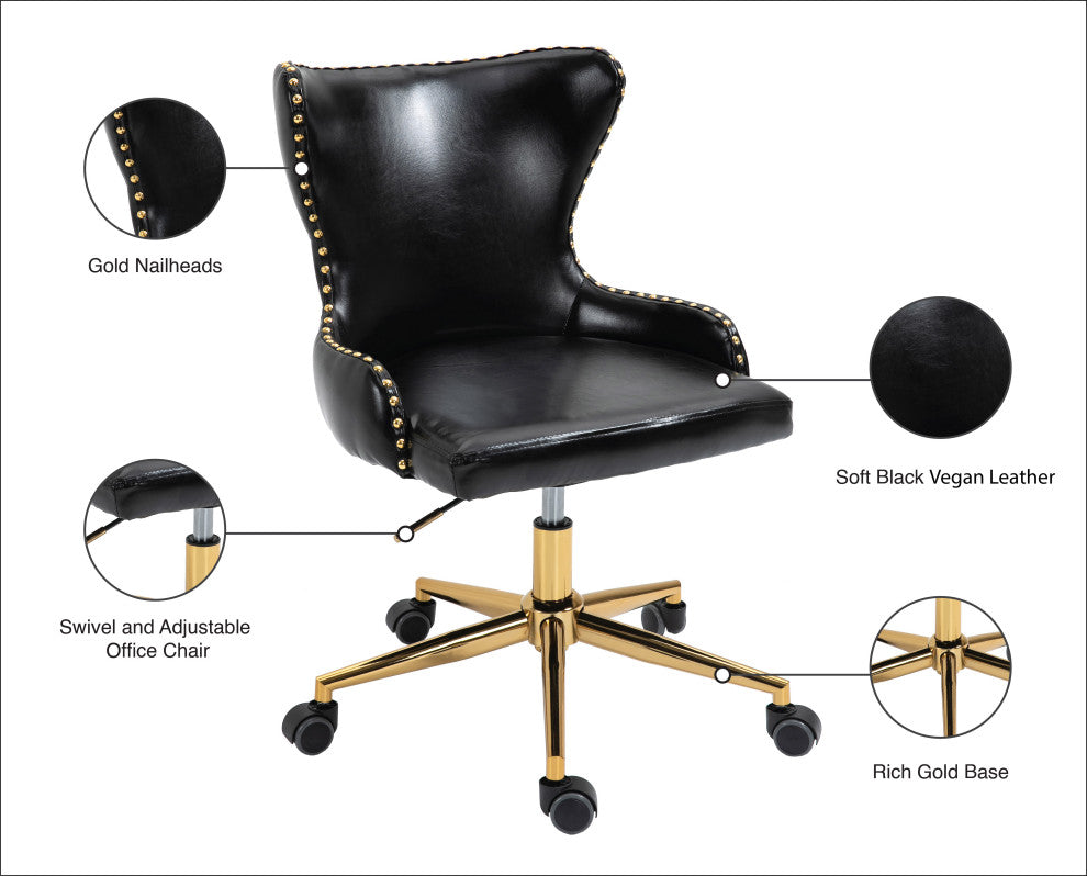 Hendrix Swivel and Adjustable Vegan Leather Office Chair, Black, Rich Gold Base
