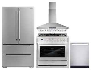 4 Piece, 36" Gas Range 36" Range Hood 24" Dishwasher & Refrigerator
