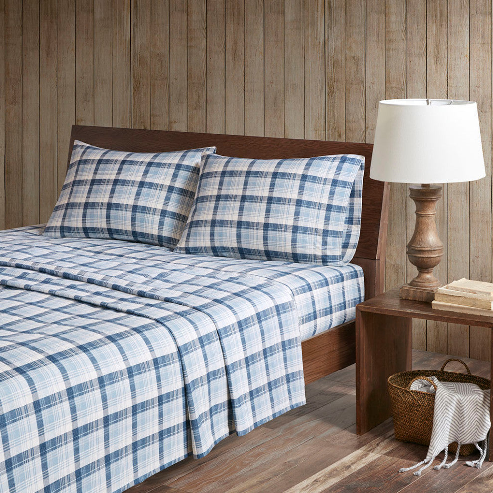 Woolrich Flannel Cotton Flannel Winter Sheet Set, Blue Plaid