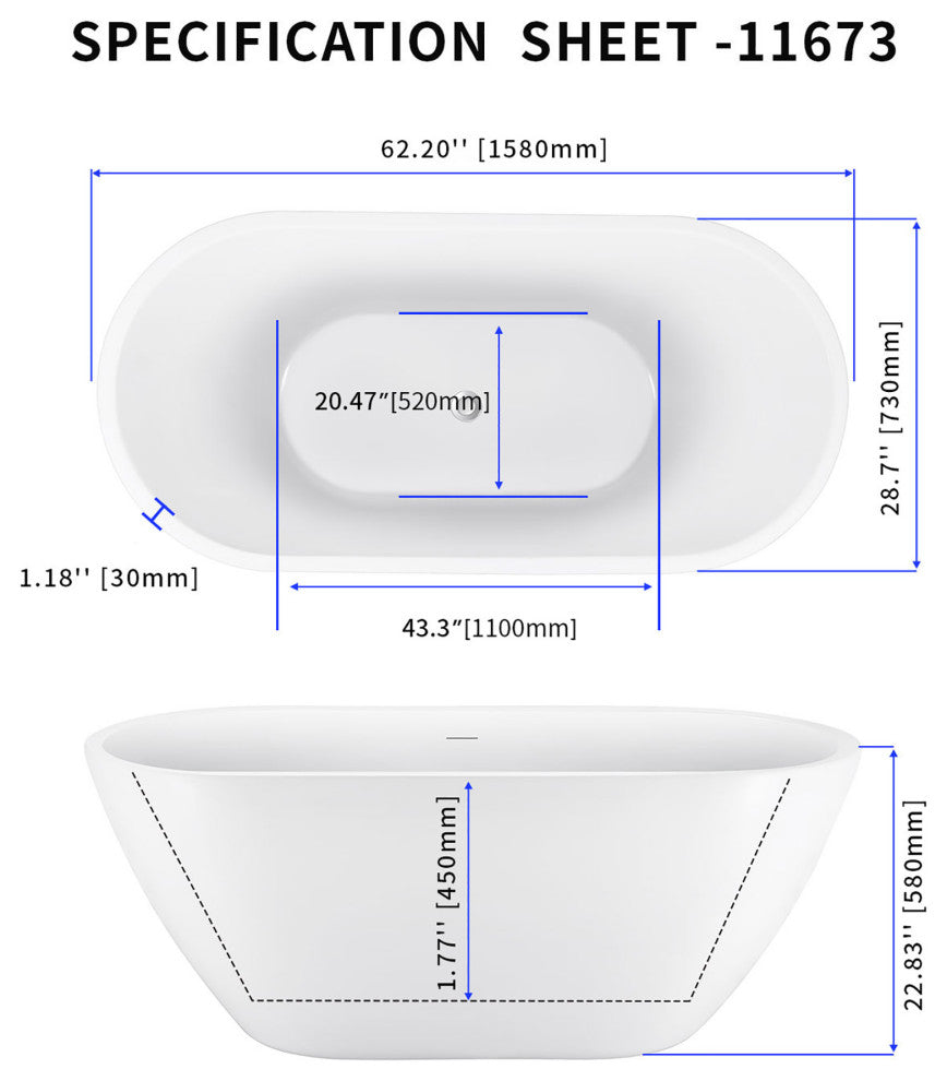 62" Acrylic Freestanding Soaking Bathtub, White, Overflow and Drain
