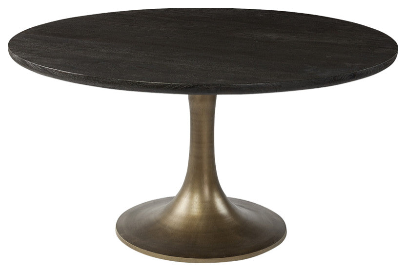 54" Black And Brass Rounded Solid Wood And Metal Pedestal Base Dining Table