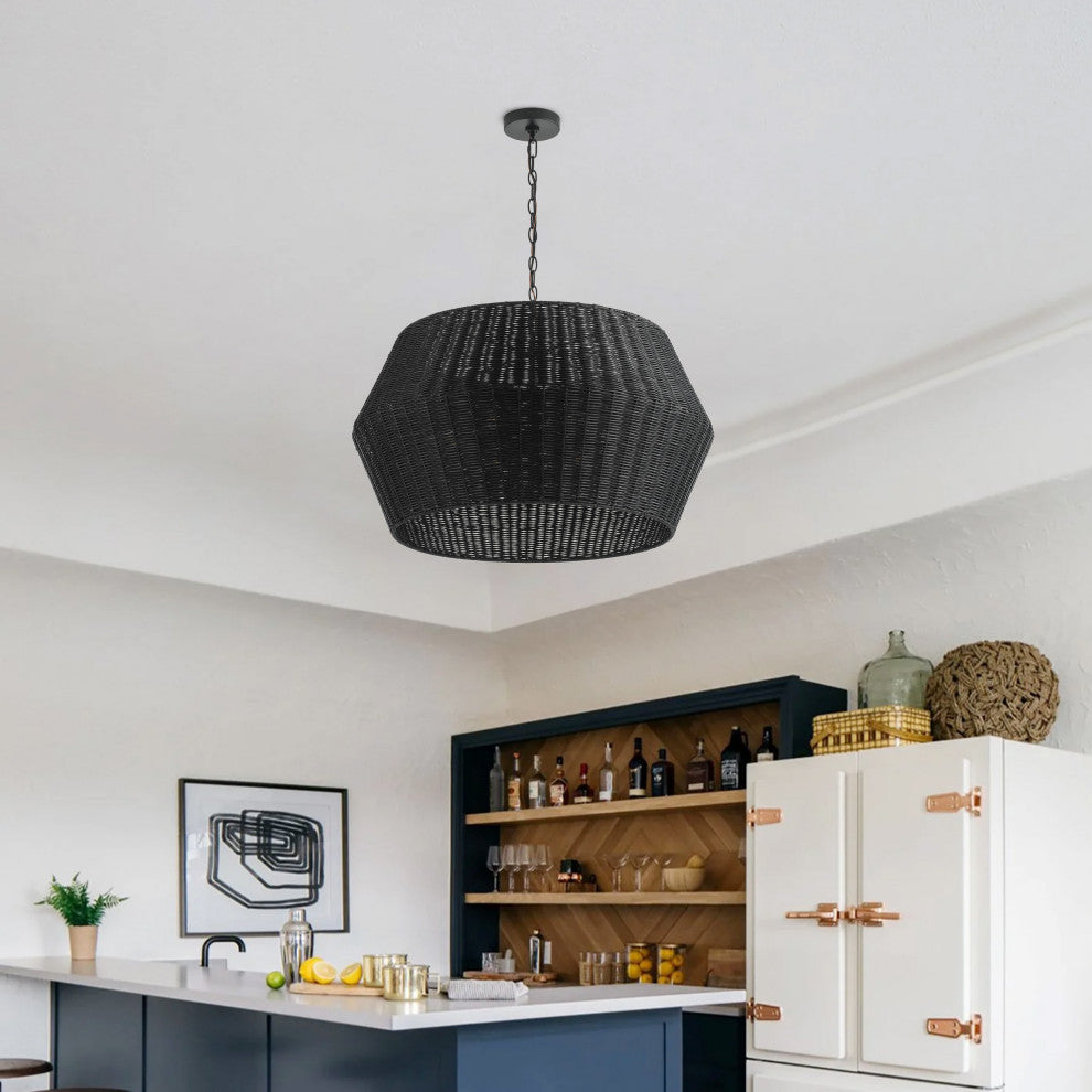 Matte Black 6-Light Natural Handwoven Rattan Pendant Light