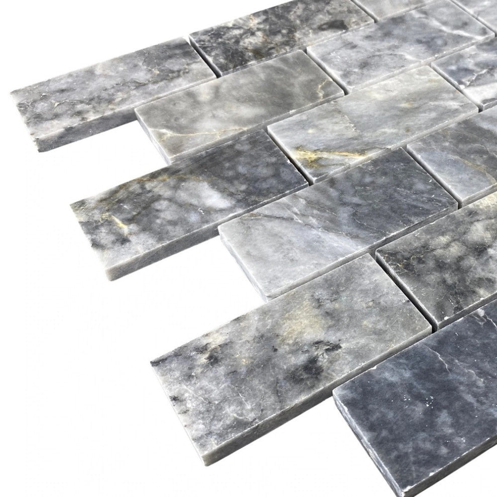 Luna Sky Marble 2"x4" Brick on 12"x12" Mesh Mosaic Tile  (10 sqft per box)
