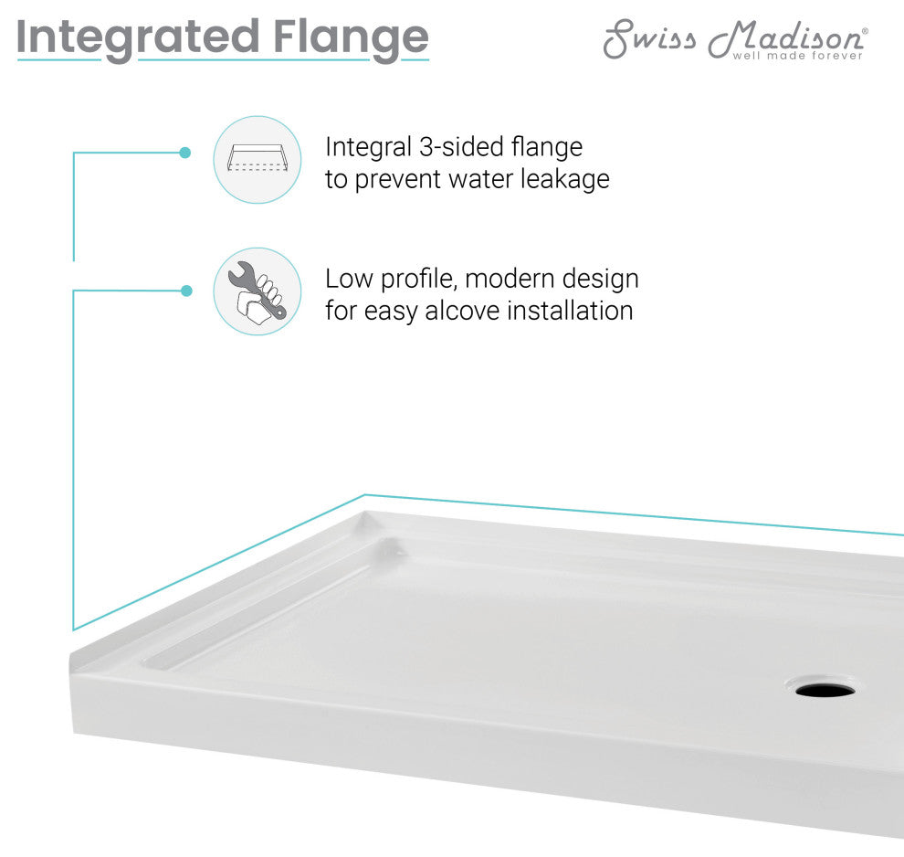 Carre 48"x36" Acrylic White, Single-Threshold, Shower Base, Right Drain