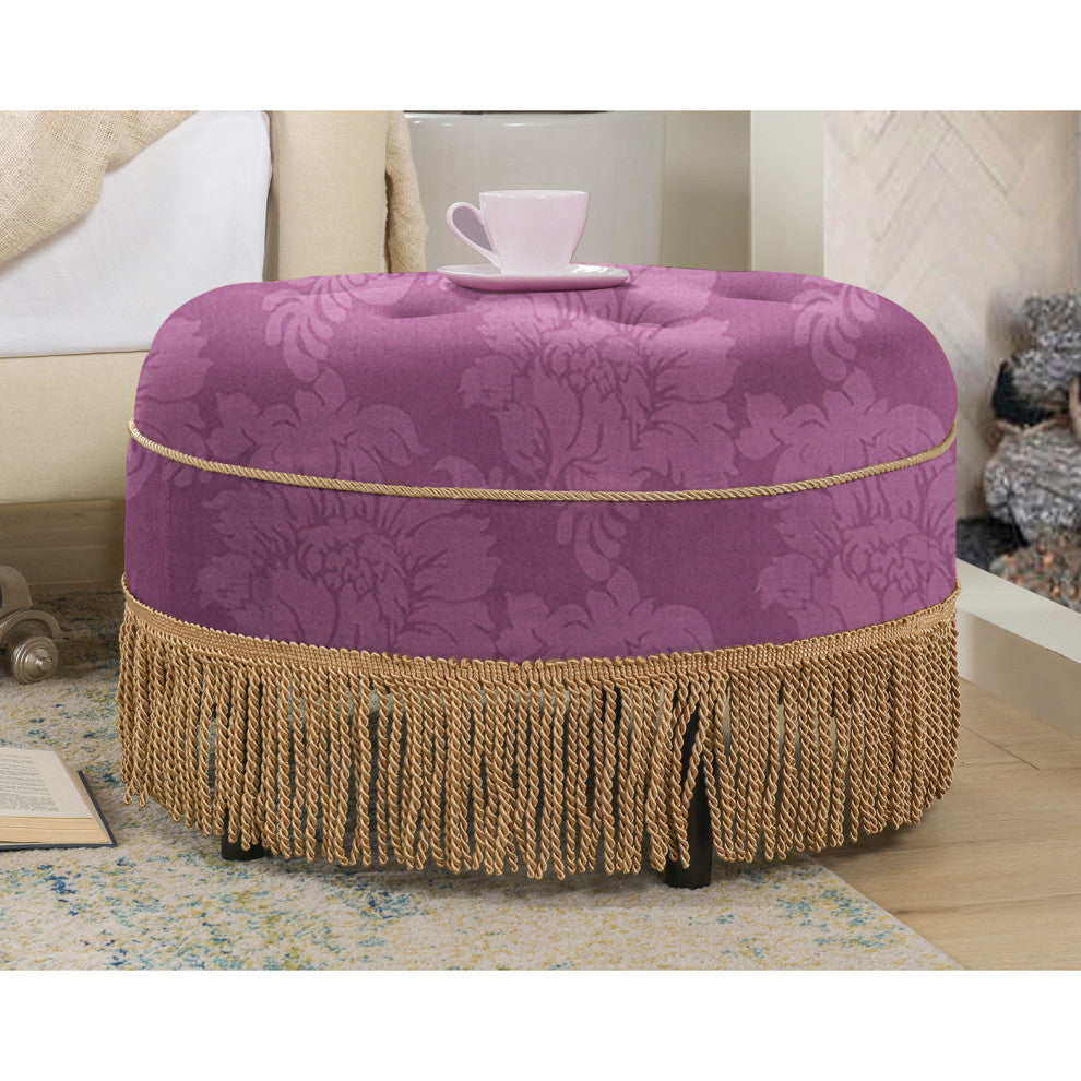 Yolanda 24" Upholstered Round Accent Ottoman, Purple Floral Sateen