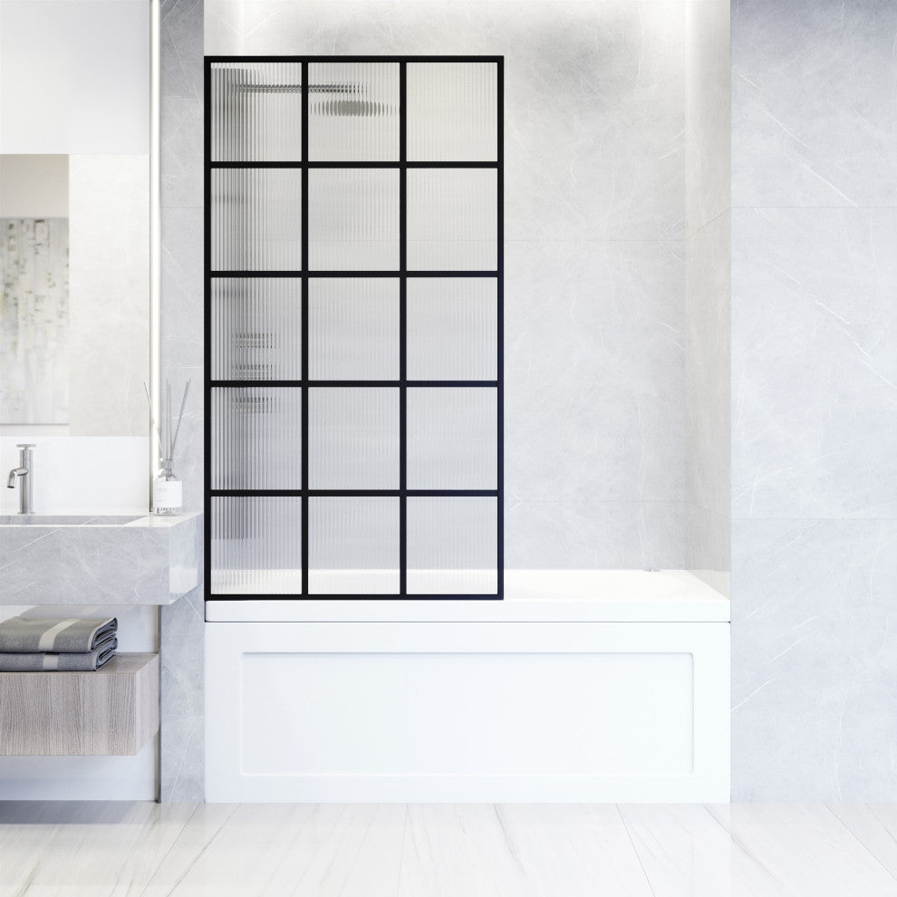VIGO Mosaic Framed Fixed, Matte Black, Tub Screen, 34" W X 62" H, Fluted Glass