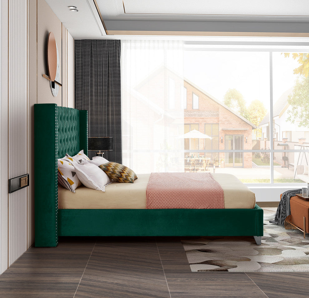 Ames Velvet Bed, Green, Queen