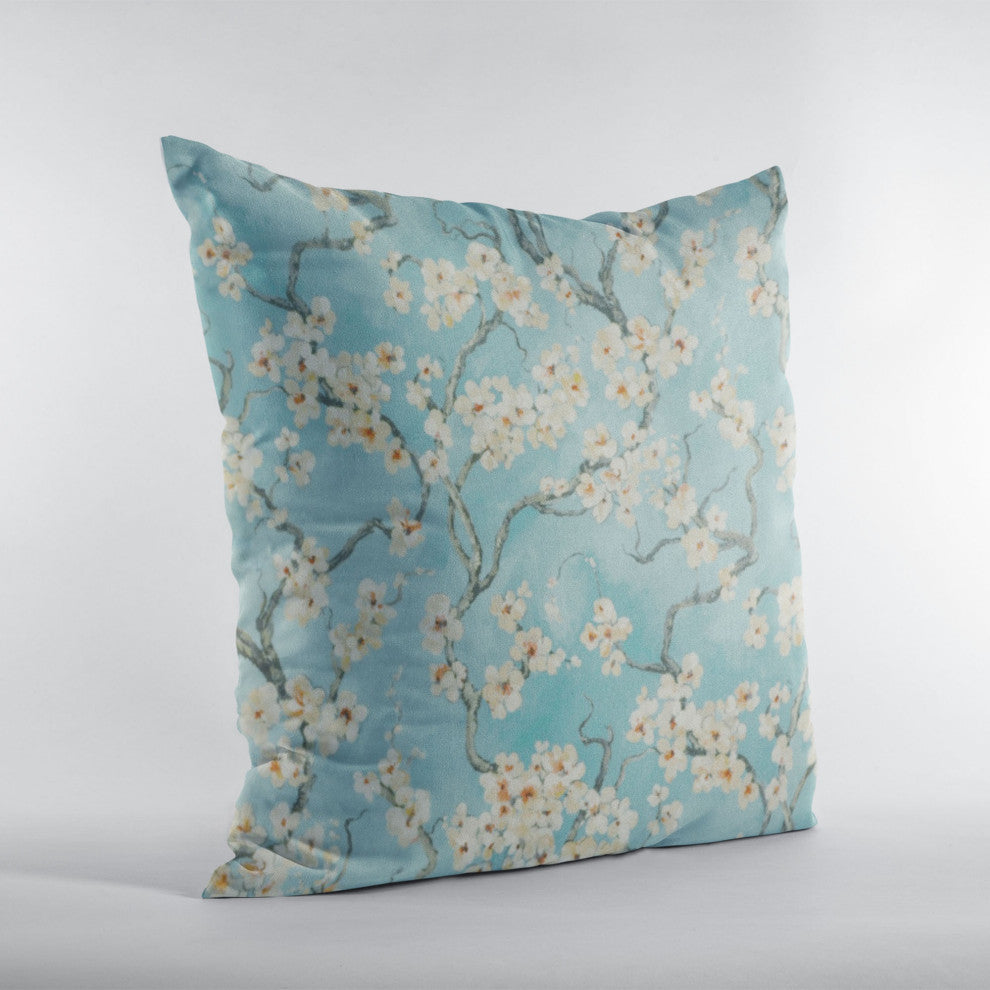 Azure Garden Cherry Blossoms Luxury Throw Pillow, Double Sided 26"x26"