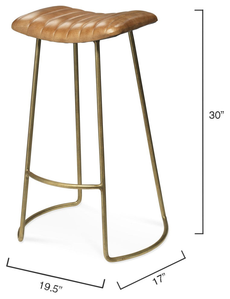 Vintage Style Curved Leather Seat Bar Stool Buff Brown Retro Ribbed Brass