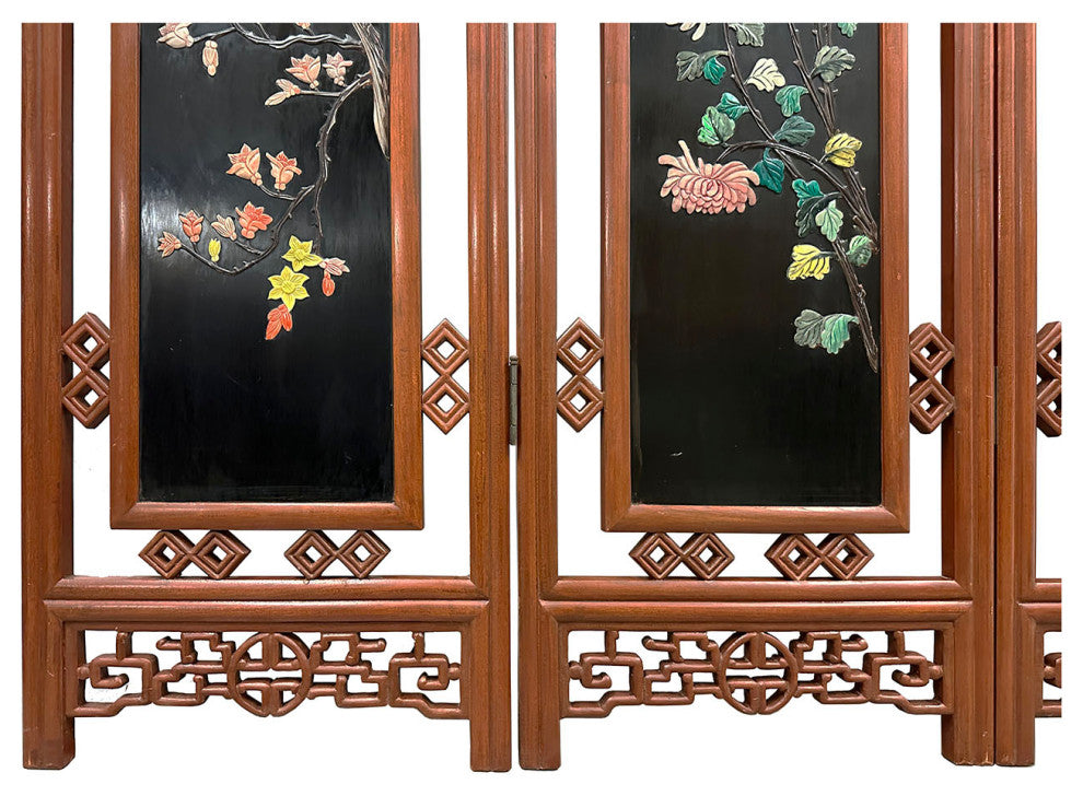Consigned Vintage Chinese Folding Screen/Room Divider With Soapstone Inlay
