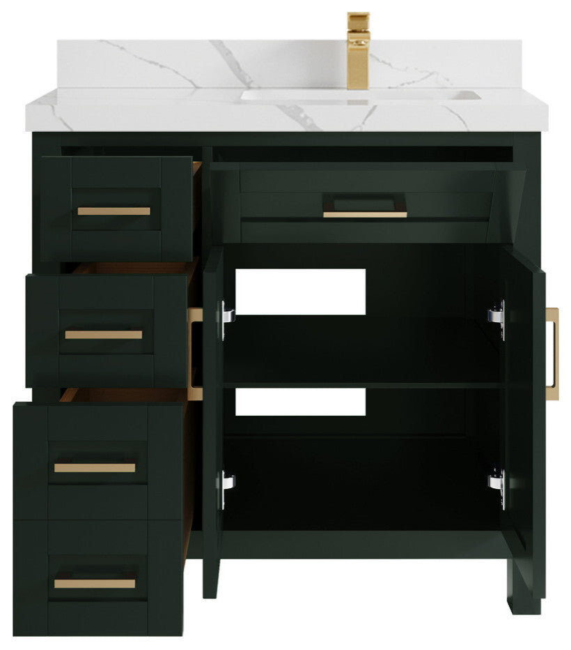 Cambridge 36 Right Offset Bath Vanity in Dark Forest Green 2" Calacatta Laza