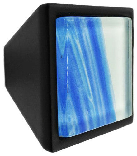 Hand Brushed Blue Tilted Stroke Crystal Glass Black Metal Square Frustum Knob
