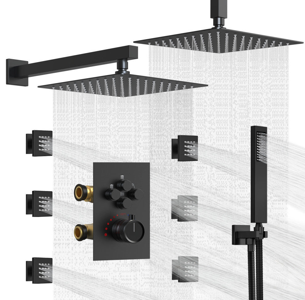 Thermostatic Shower System 12" Dual Shower Heads with Body Jet, Matte Black