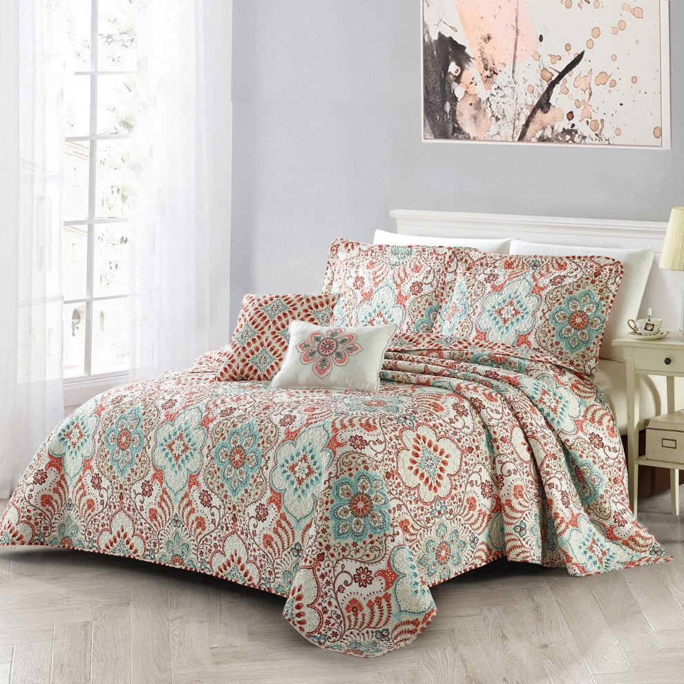 Bennington Damask 5 Piece Quilted Set, Coral, Queen (90"x90")