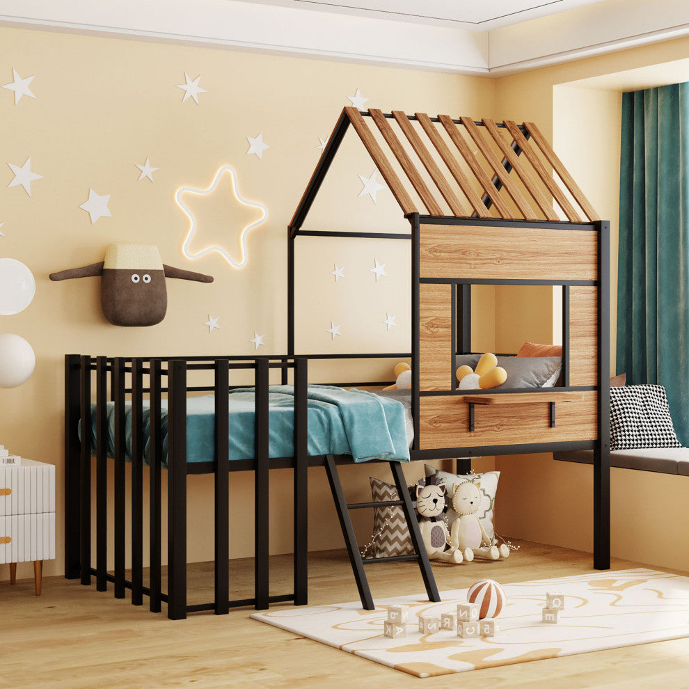 Gewnee Metal Twin size Loft Bed with Roof, Window, Guardrail, Ladder in Black