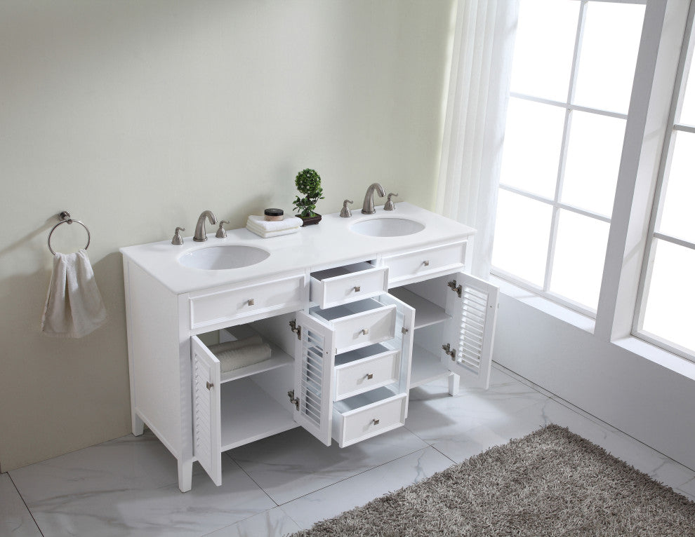 60" Double Bathroom Vanity, White With Ivory White Engineered Marble
