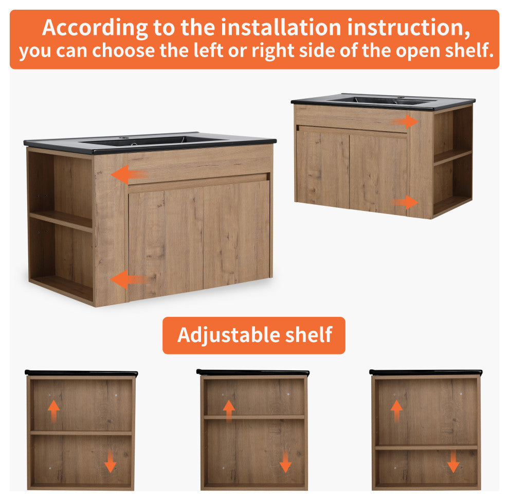 TATEUS Wall-mounted Bathroom Vanity With Ceramic Basin 30", Imitative Oak/Black Ceramic