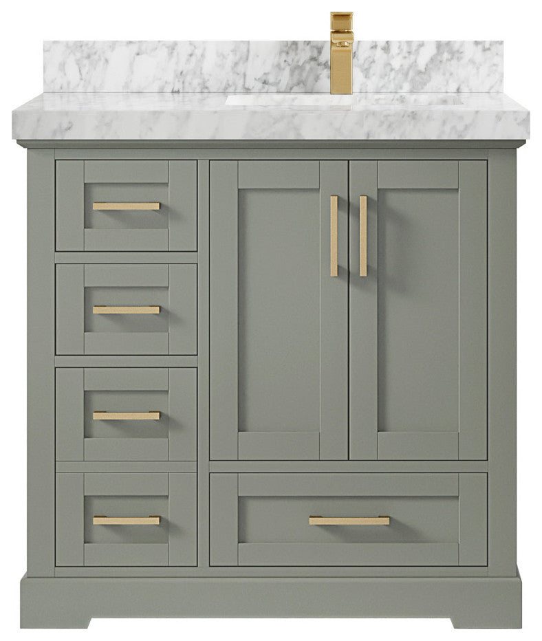 Boston 36 Right Offset Bath Vanity in Evergreen 2" Carrara Marble