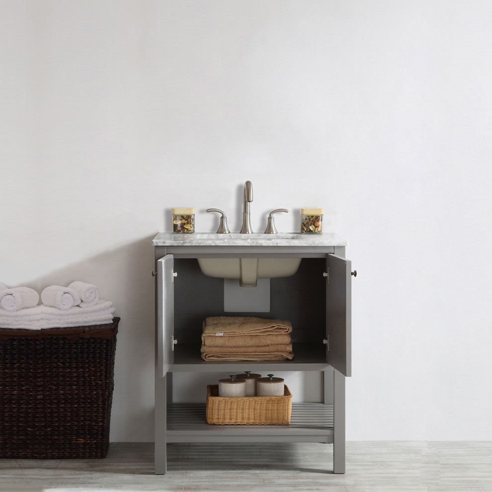 30" Single Vanity in Grey with Carrara White Marble Countertop Without Mirror
