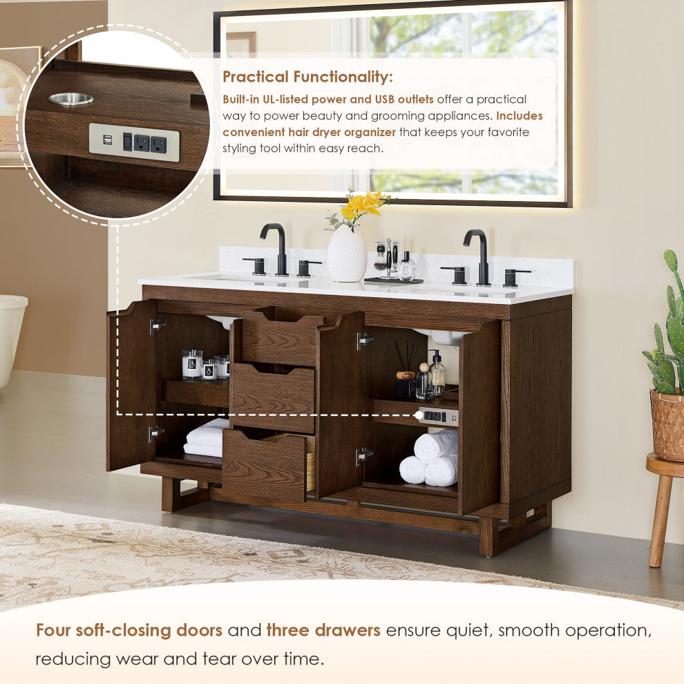 Mowry Bathroom Vanity, Brown Brushed Oak, 60", No Mirror