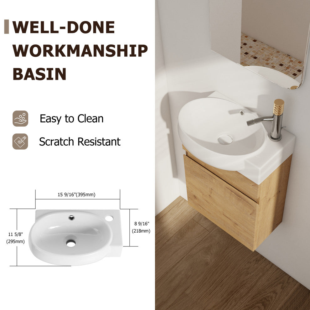 Small Wall-Mounted Plywood Bath Vanity, Imitative Oak, Ceramic Sink